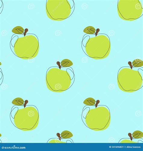 Seamless Pattern With Apple On Blue Background Continuous One Line