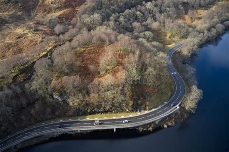 Loch Lomond Aerial View Showing The A82 Road During Autumn Stock Photo