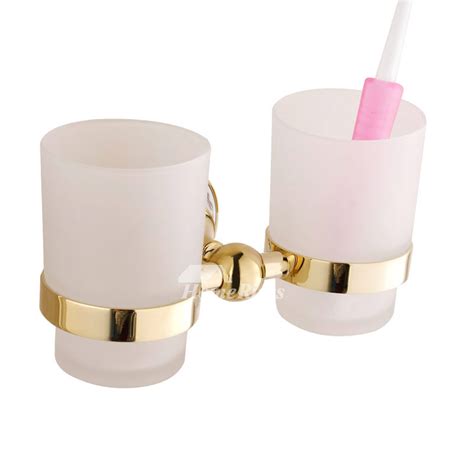 Wall Mounted Toothbrush Holder Ceramic Polished Brass Glass Bottle