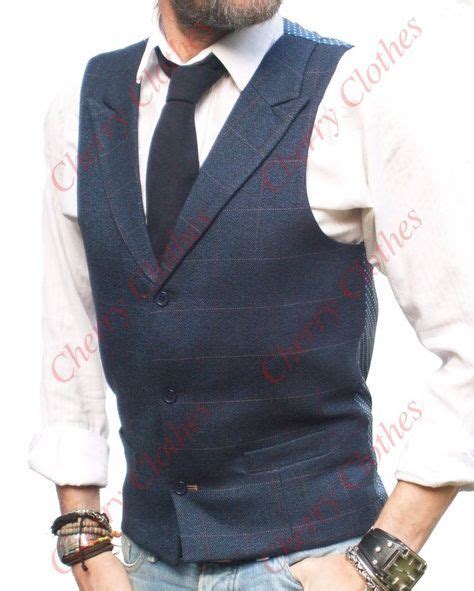 Mens Tweed Style Blue And Brown Check Lapel Collar Waistcoat Vest