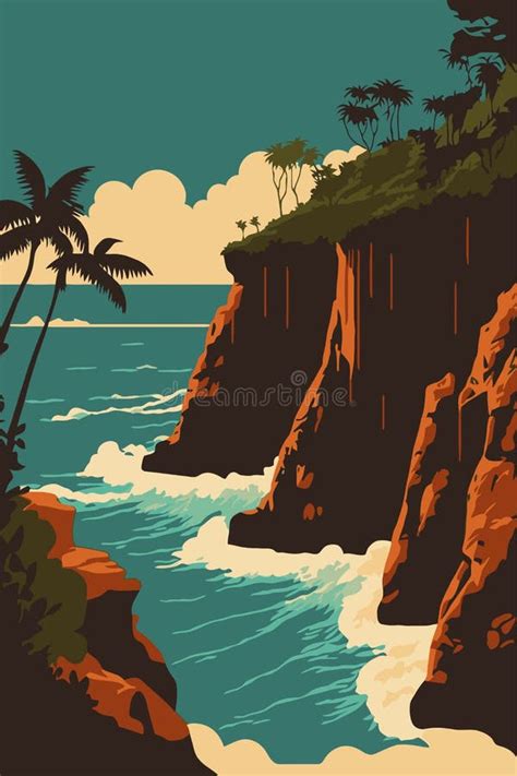 Beautiful Bali Beach Cliff Vector Background Illustration Stock Vector