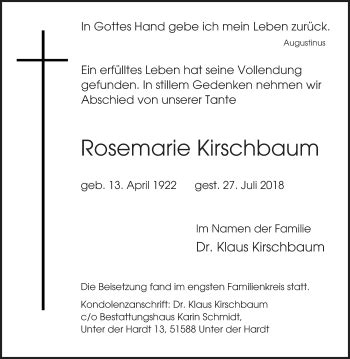 Traueranzeigen Von Rosemarie Kirschbaum Trauer In NRW De