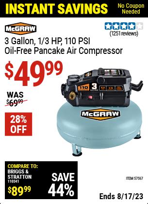 Mcgraw Gallon Hp Psi Oil Free Pancake Air Compressor For