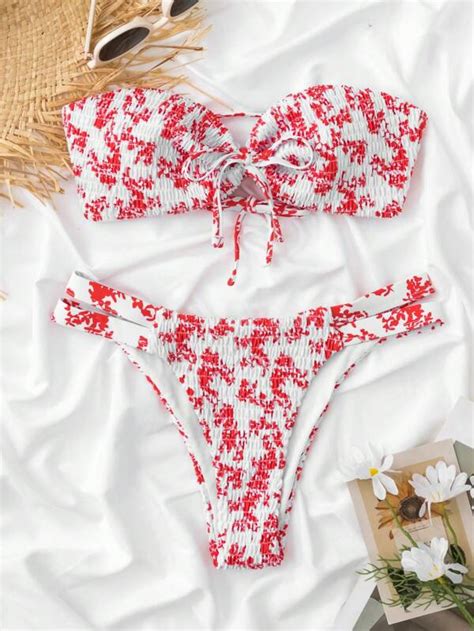 Shein Shein Swim Mod Floral Print Smocked Bandeau Bikini Swimsuit