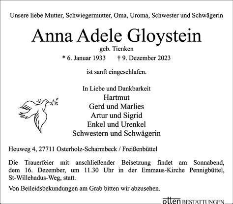 Traueranzeigen Von Anna Adele Gloystein Trauer Gedenken