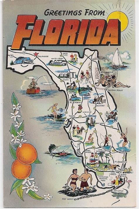 Florida Tourist Map Postcard Vintage Greetings From Florida Retro