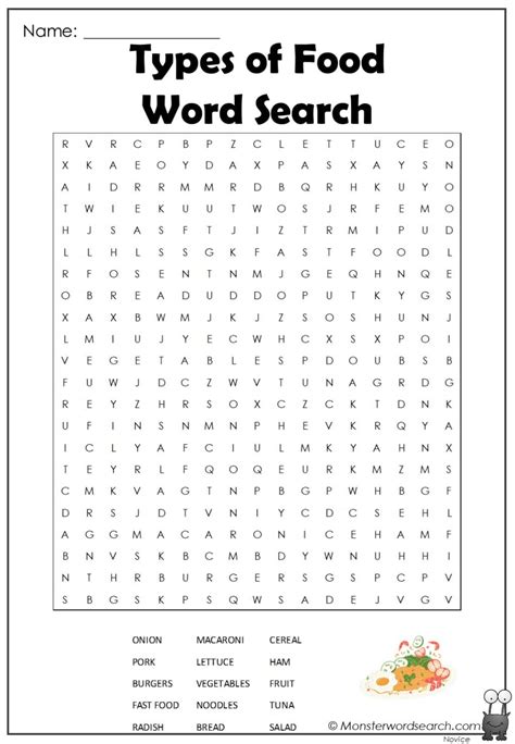 Types Of Food Word Search Monster Word Search Worksheets Library