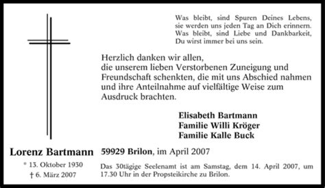 Traueranzeigen Von Lorenz Bartmann Trauer In NRW De