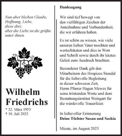 Traueranzeigen Von Wilhelm Friedrichs Abschied Nehmen De