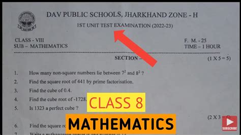 Dav Class 8 Question Paper Of Math Of Periodic Test 1 PT 1 Of