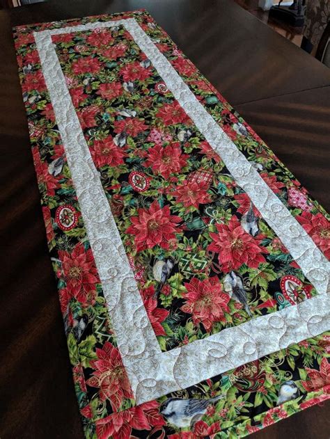 Handmade Christmas Table Runner Poinsettias And Chickadees Etsy Christmas Table Runner