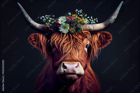 Brown Highland Cow With Flowers On Its Head Generative Art Stock