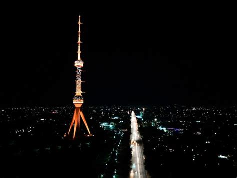 Premium Photo Aerial View Of Tashkent Tv Tower In Uzbekistan At Night