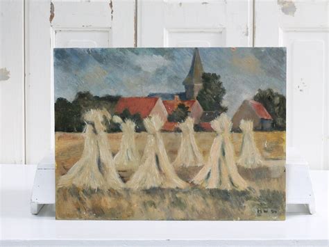 Vintage Landscape Painting Oil On Board Of Meadow With Wheat Sheaves