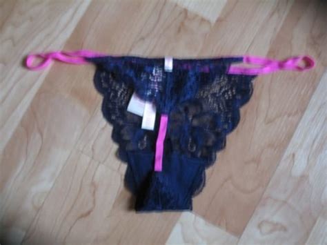 Victoria S Secret PINK Navy Sheer Lace V String W Hot Pink Trim Medium
