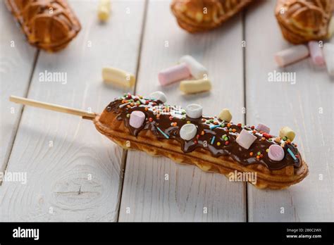 Waffle Lollies With Marshmallows Delicious Dessert Stock Photo Alamy