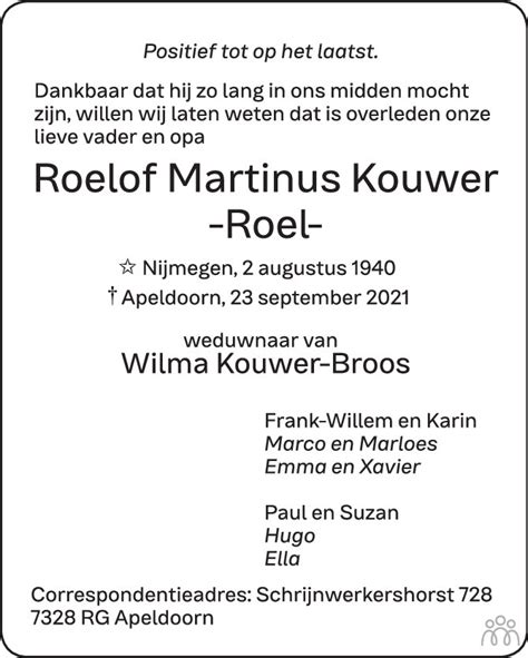 Roelof Martinus Roel Kouwer 23 09 2021 Overlijdensbericht En