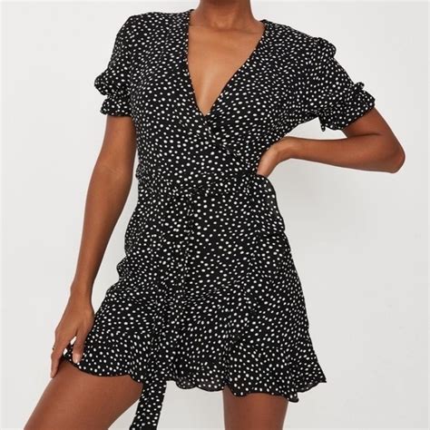 Missguided Dresses Missguided Black Polka Dot Ruffle Hem Wrap Tea