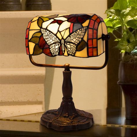 Tiffany Style Bankers Lamp Stained Glass Butterfly Design Table Or Desk Light Led Bulb Included