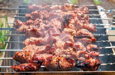 Shish Kebab is Baked Over a Fire with Smoke. Stock Image - Image of ...