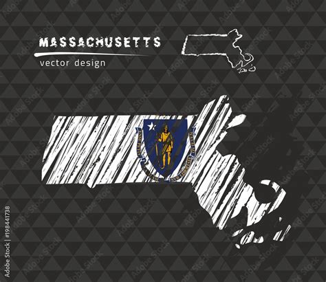 Massachusetts National Vector Map With Sketch Chalk Flag Sketch Chalk