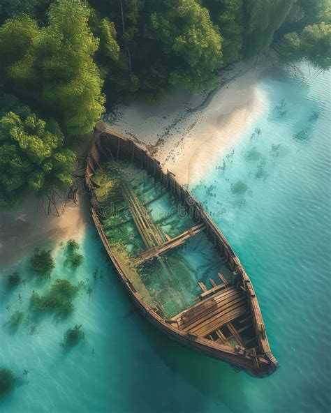 Abandoned Shipwreck Surrounded By Lush Foliage And Turquoise Waters On