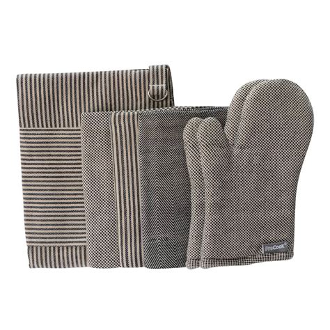 Kitchen Linen 3 Piece Set Black And Biscuit Aprons Oven Gloves And Tea