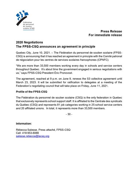 Communiqu De Presse La Fpss Csq Annonce Une Entente De Principe