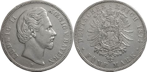 Kaiserreich Bayern 5 Mark 1874 D Ludwig II 1864 1886 Kursmünze