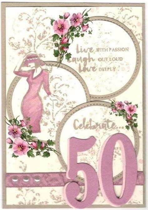 A Pink 50th Birthday Card With Flowers And A Womans Dress On The Front