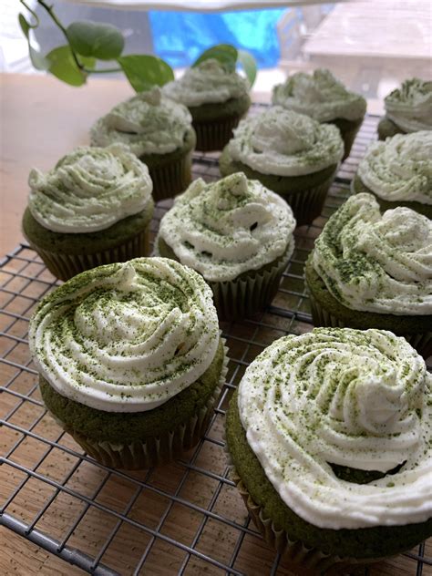 Homemade Green Tea Cupcakes With A Whipped Cream Dusted With Matcha