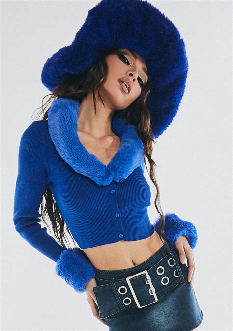 The Kript Ribbed Knit Faux Fur Cropped Cardigan Electric Blue Dolls