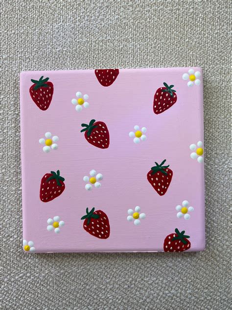 Hand Painted Strawberry Coaster Etsy In 2024 Pink Canvas Art Canvas Painting Easy Canvas Art