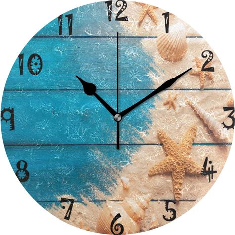 Hyjoy Summer Seashell Wooden Plank Wall Clock Silent Non Ticking 10 Inch Battery Operated Round