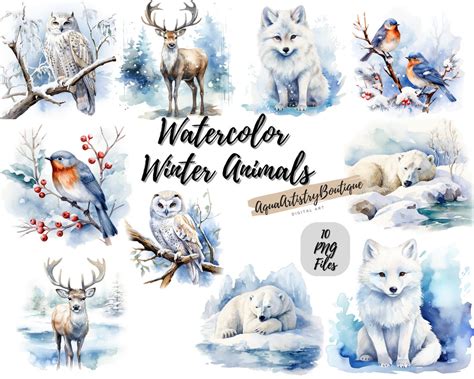 Watercolor Winter Animals Digital Download Wall Art watercolor Clipart ...