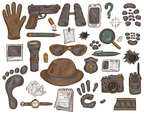 Vector Hand Drawn Set Of Illustration With Detective Tools And Evidence