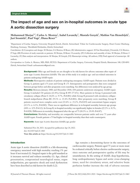 Pdf The Impact Of Age And Sex On In Hospital Outcomes In Acute Type A