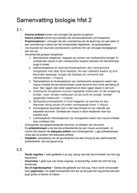 Samenvatting Biologie Hfst Interne Prikkels Komen Bijvoorbeeld Van