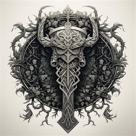 Premium AI Image | Mjolnir Norse Mythology in an ornate frame with leaves