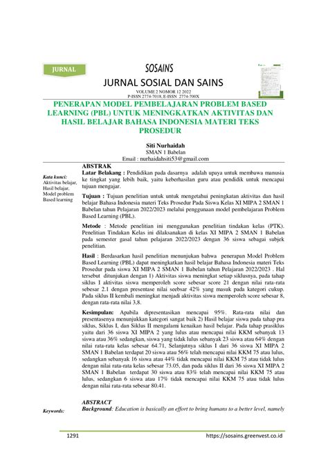 PDF Penerapan Model Pembelajaran Problem Based Learning Pbl Untuk