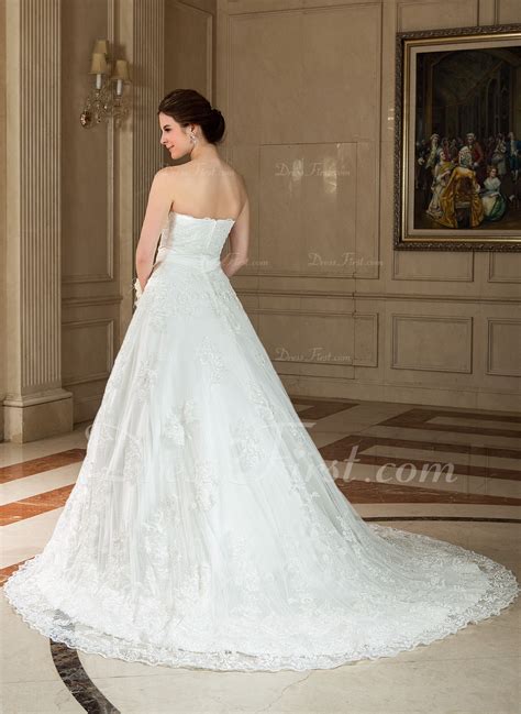 A Line Princess Strapless Chapel Train Satin Lace Wedding Dress