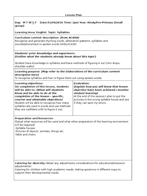 Syllables Lesson Plan Pdf Lesson Plan Curriculum