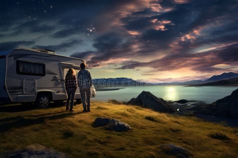 Scenic Nature Mountain View With A Road Side Parked RV Motorhome