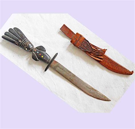 Vintage Knife Dagger Wood Carved Carving Handle With Leather