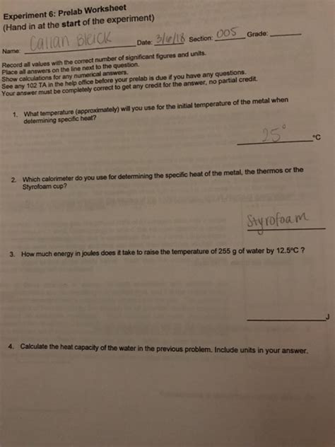 Solved Experiment Prelab Worksheet Hand In At The Start Chegg