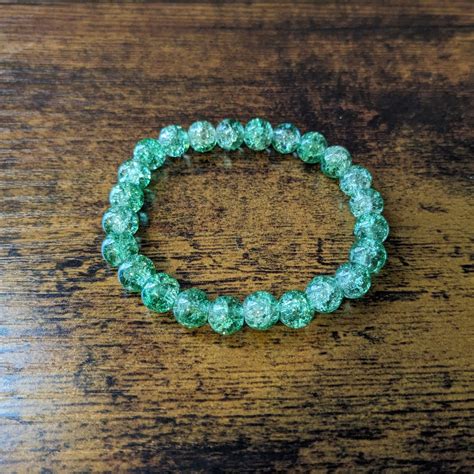 Green Sparkle Glass Bead Bracelet Crackle Glass Stacking Bracelet Round Shiny Fancy Bead