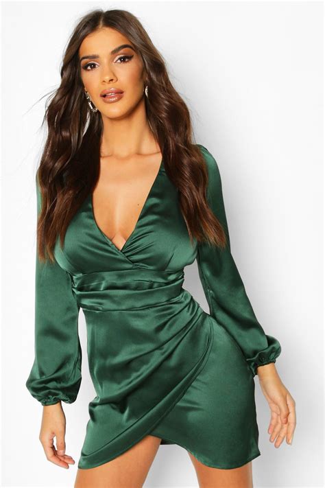 Satin Wrap Detail Mini Dress Mini Dress Bodycon Fashion Green Dress