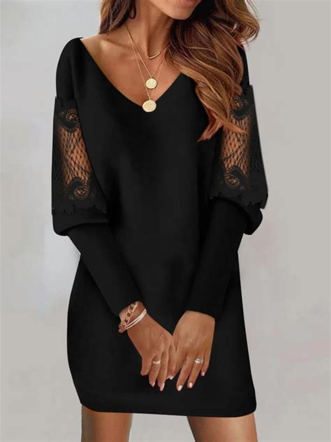 Women Plain V Neck Long Sleeve Comfy Casual Lace Midi Dress Noracora