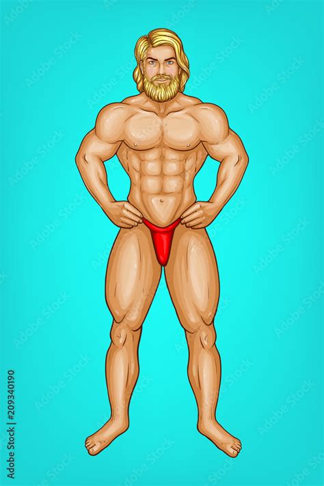 Vector Pop Art Naked Male Character With Great Muscles In Red Underpants G String Blonde