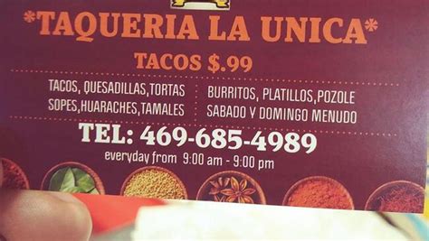 Menu At Taqueria La Unica Restaurant Plano Th St